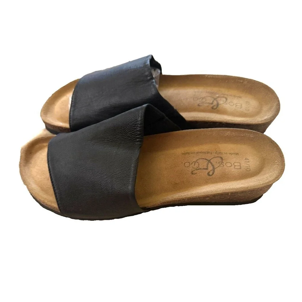 New Bos. & Co. Black Lux Slide Leather Sandals Size 41/US 10 Italy